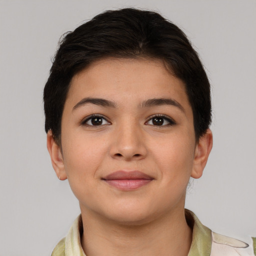 Joyful asian young-adult female with short  brown hair and brown eyes