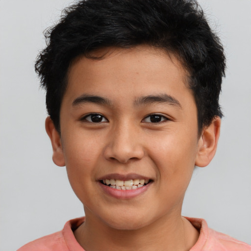 Joyful latino young-adult male with short  brown hair and brown eyes