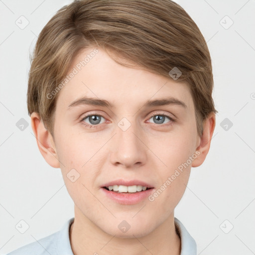 Joyful white young-adult female with short  brown hair and grey eyes