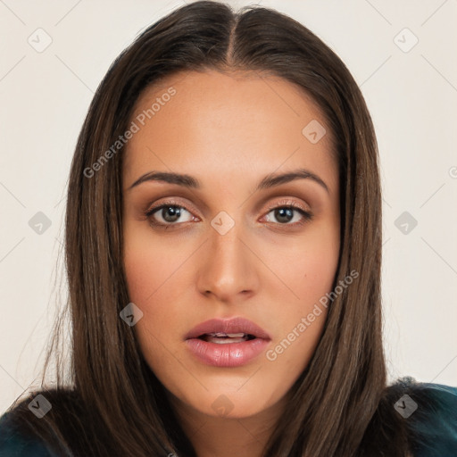 Neutral white young-adult female with long  brown hair and brown eyes