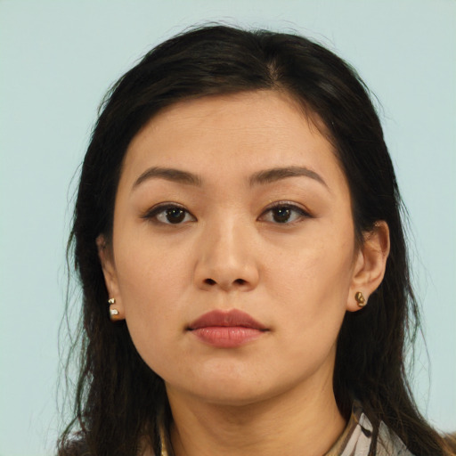 Neutral asian young-adult female with long  brown hair and brown eyes