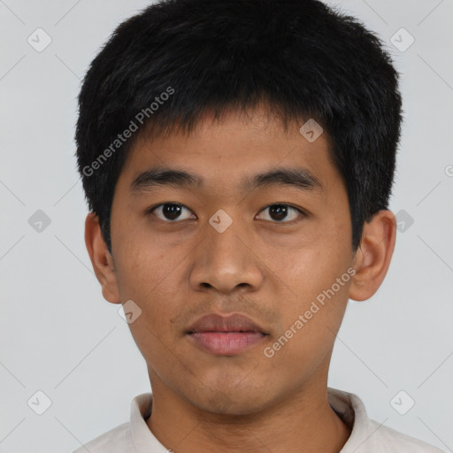 Neutral asian young-adult male with short  black hair and brown eyes