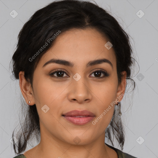 Joyful latino young-adult female with medium  brown hair and brown eyes