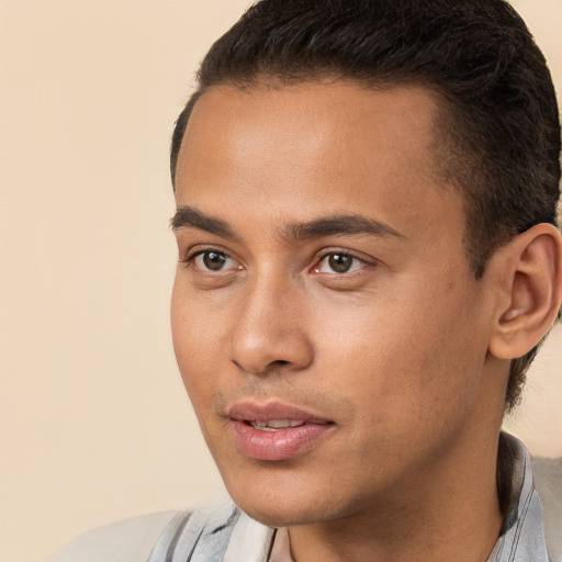 Neutral white young-adult male with short  black hair and brown eyes