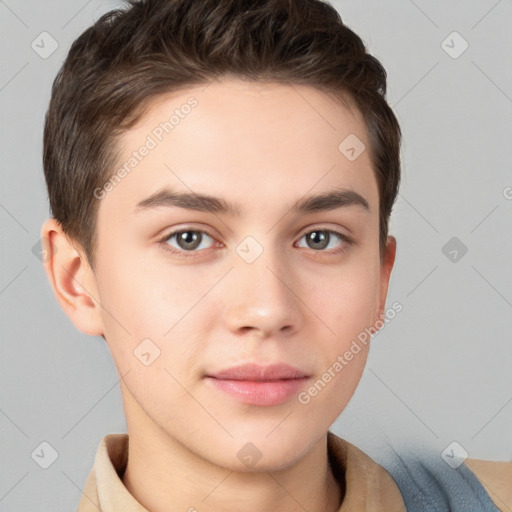 Neutral white young-adult male with short  brown hair and brown eyes