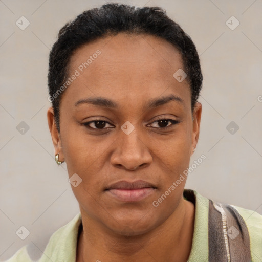 Joyful latino young-adult female with short  black hair and brown eyes