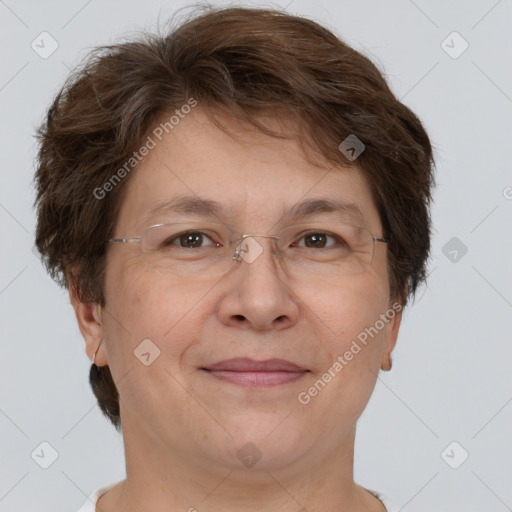 Joyful white adult female with short  brown hair and brown eyes