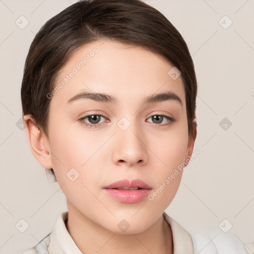 Neutral white young-adult female with medium  brown hair and brown eyes