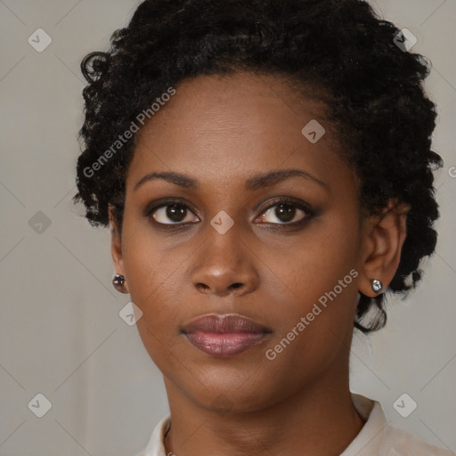 Neutral black young-adult female with short  black hair and brown eyes