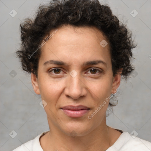 Joyful white adult female with short  brown hair and brown eyes