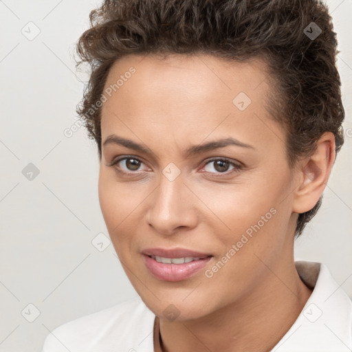 Joyful white young-adult female with short  brown hair and brown eyes