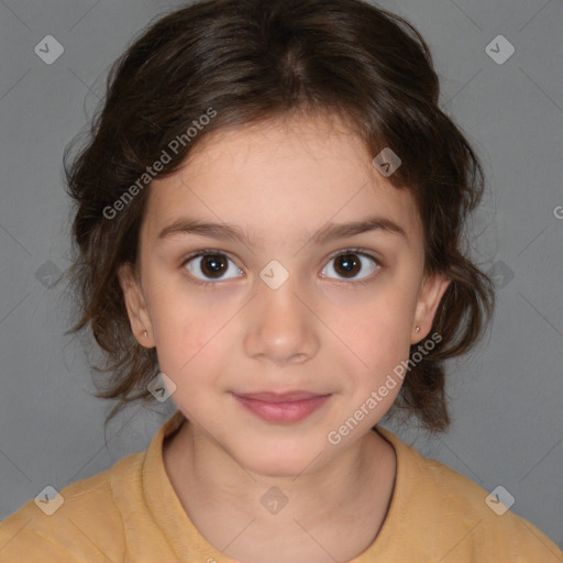 Joyful white child female with medium  brown hair and brown eyes