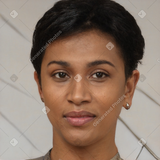 Joyful latino young-adult female with short  black hair and brown eyes