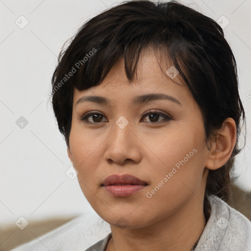 Joyful asian young-adult female with medium  black hair and brown eyes