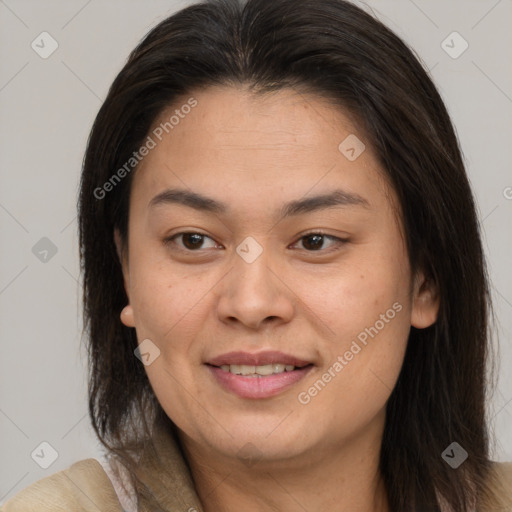 Joyful asian young-adult female with long  brown hair and brown eyes