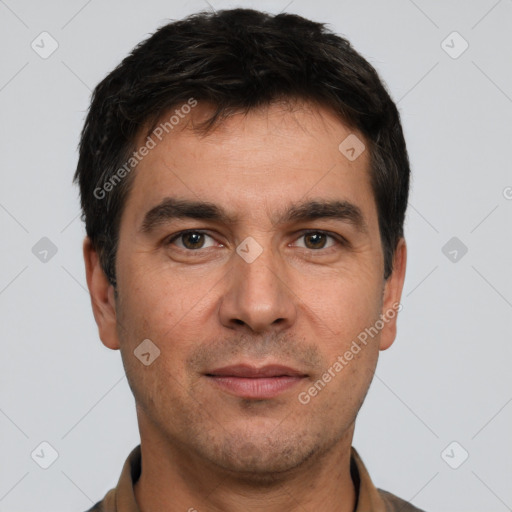 Neutral white young-adult male with short  black hair and brown eyes