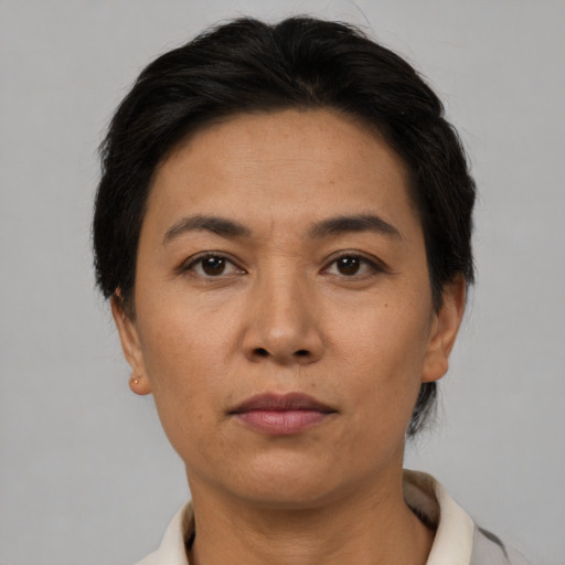 Neutral asian adult female with short  brown hair and brown eyes