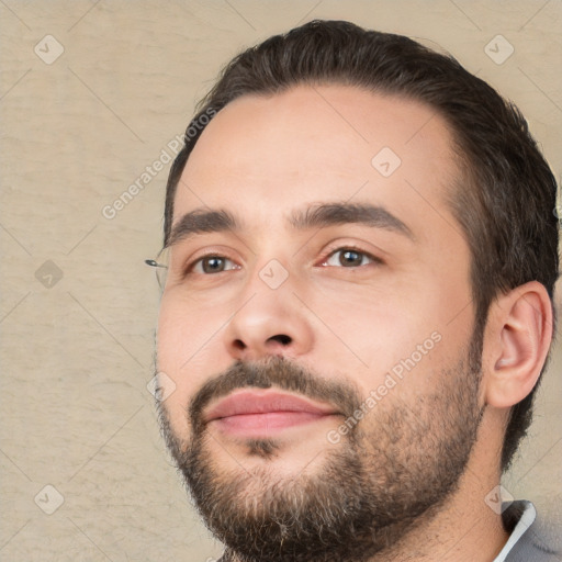 Neutral white young-adult male with short  black hair and brown eyes