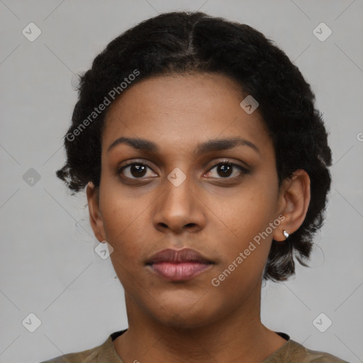 Neutral black young-adult female with short  black hair and brown eyes