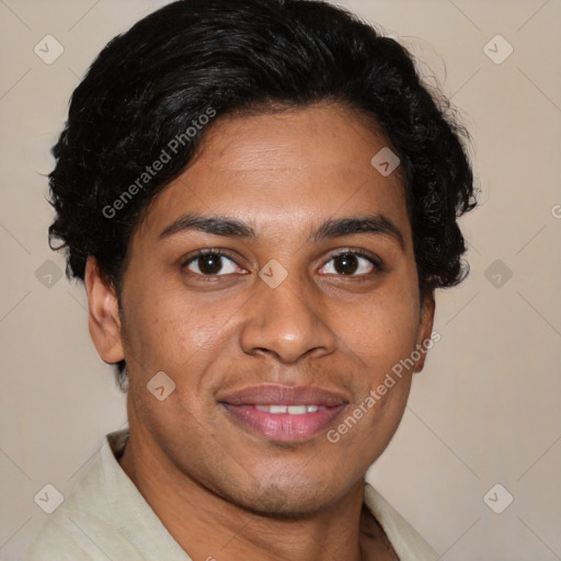 Joyful latino young-adult male with short  brown hair and brown eyes