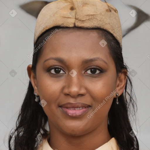 Joyful black young-adult female with medium  brown hair and brown eyes