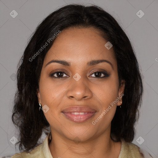 Joyful black young-adult female with medium  brown hair and brown eyes