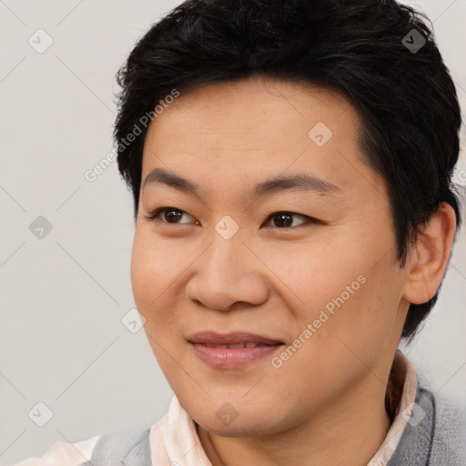 Joyful asian young-adult female with medium  black hair and brown eyes