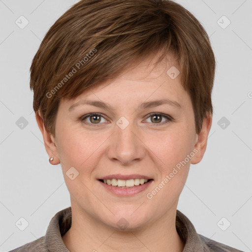 Joyful white young-adult female with short  brown hair and grey eyes