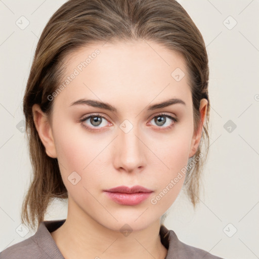 Neutral white young-adult female with medium  brown hair and grey eyes