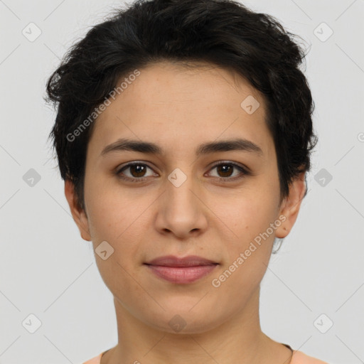 Joyful white young-adult female with short  brown hair and brown eyes