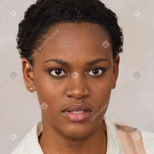 Neutral black young-adult female with short  brown hair and brown eyes