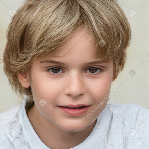 Joyful white child female with short  brown hair and brown eyes