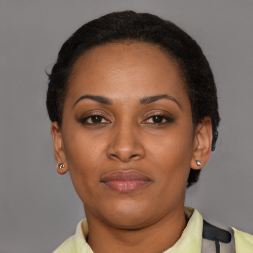 Neutral latino young-adult female with short  brown hair and brown eyes
