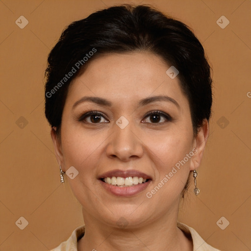 Joyful white adult female with medium  brown hair and brown eyes