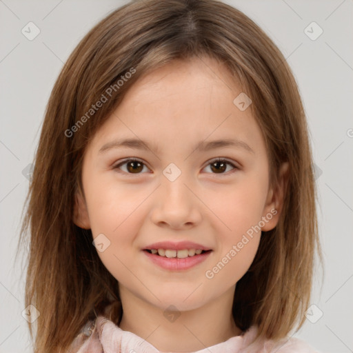 Joyful white child female with medium  brown hair and brown eyes