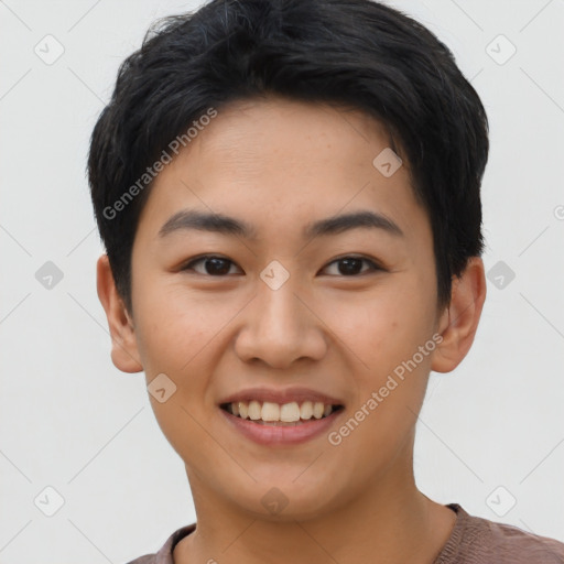 Joyful asian young-adult female with short  black hair and brown eyes