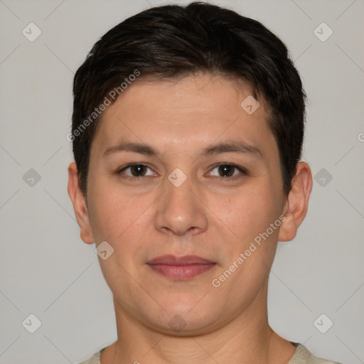 Joyful white young-adult male with short  brown hair and brown eyes