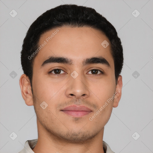 Neutral latino young-adult male with short  black hair and brown eyes