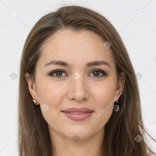 Joyful white young-adult female with long  brown hair and grey eyes