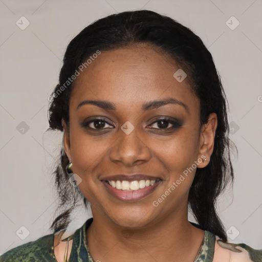 Joyful black young-adult female with medium  black hair and brown eyes