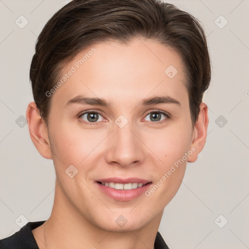 Joyful white young-adult female with short  brown hair and grey eyes