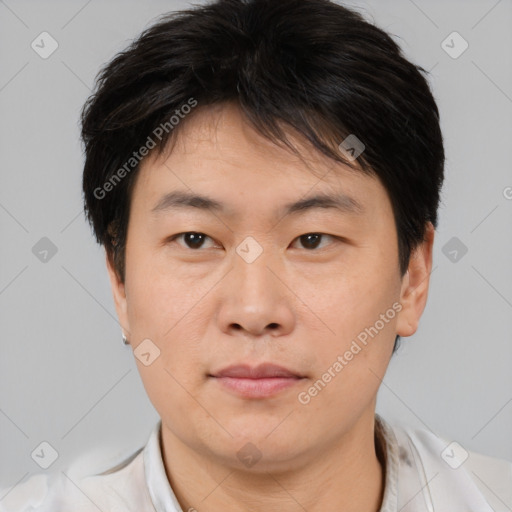 Neutral asian young-adult male with short  brown hair and brown eyes