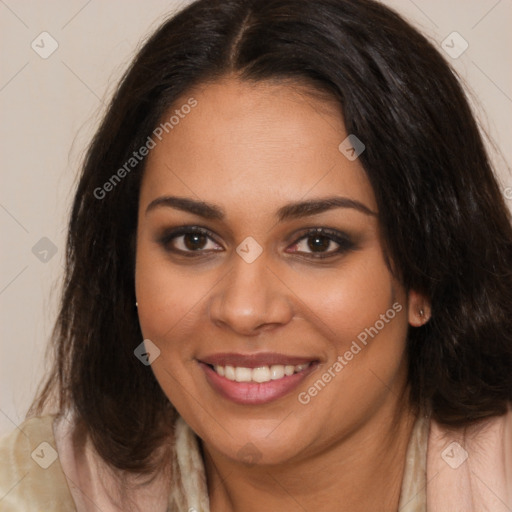 Joyful white young-adult female with long  brown hair and brown eyes