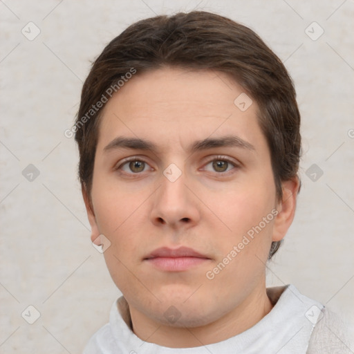 Neutral white young-adult male with short  brown hair and brown eyes