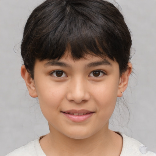 Joyful white child female with medium  brown hair and brown eyes