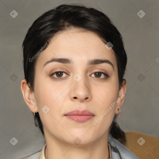 Neutral white young-adult female with medium  brown hair and brown eyes