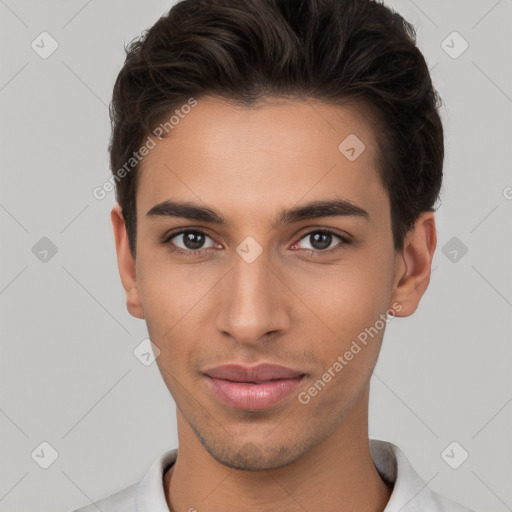 Neutral white young-adult male with short  brown hair and brown eyes