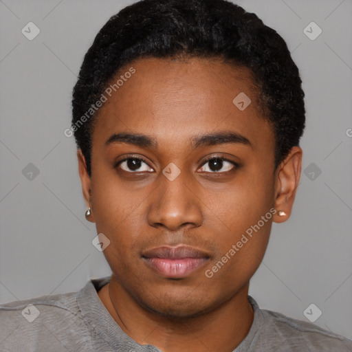 Neutral black young-adult male with short  black hair and brown eyes