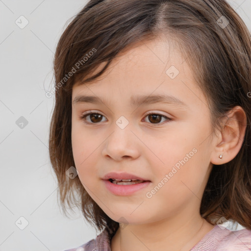 Joyful white child female with medium  brown hair and brown eyes