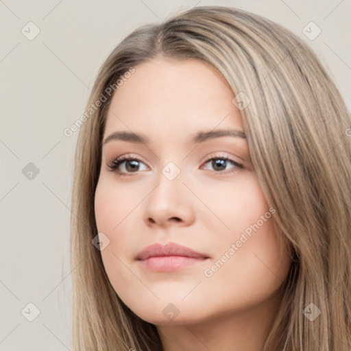 Neutral white young-adult female with long  brown hair and brown eyes